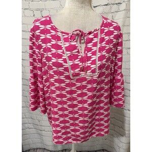 Pappagallo Womens Pink White Dragonfly Bell Sleeve Blouse Top Size Large